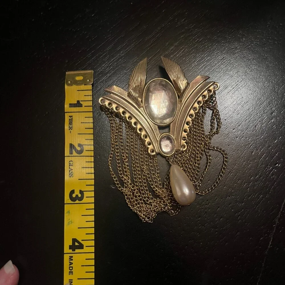 Vintage Egyptian Revival Art Deco Gold Tone Brooch w/ Faux Pearl and Rhinestone